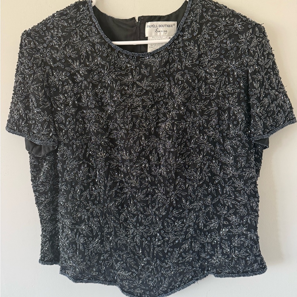 Papell Boutique Evening Women's Black Beaded Short Sleeve Round Neck Top Size XL